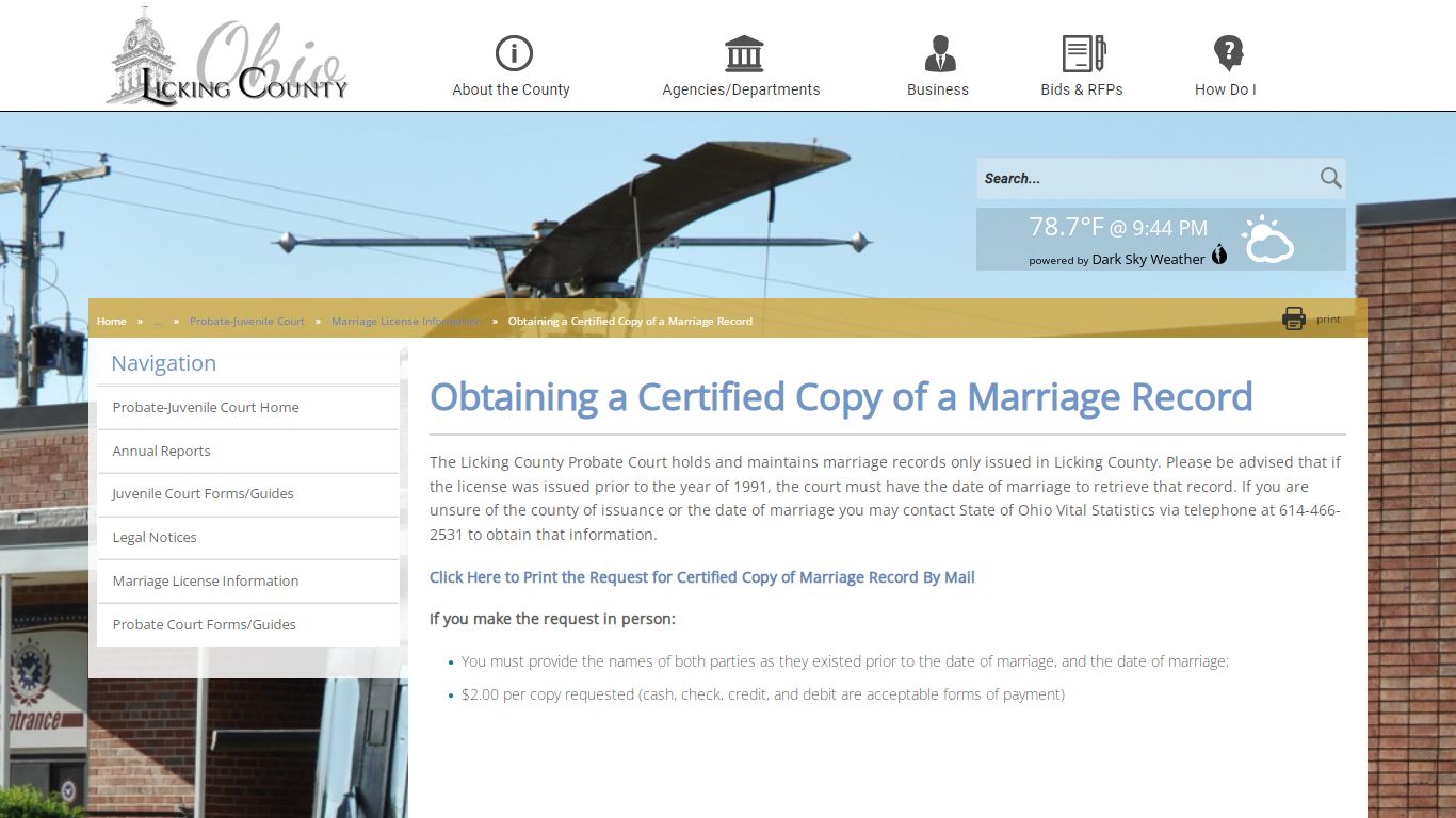 Licking County - Obtaining a Certified Copy of a Marriage Record